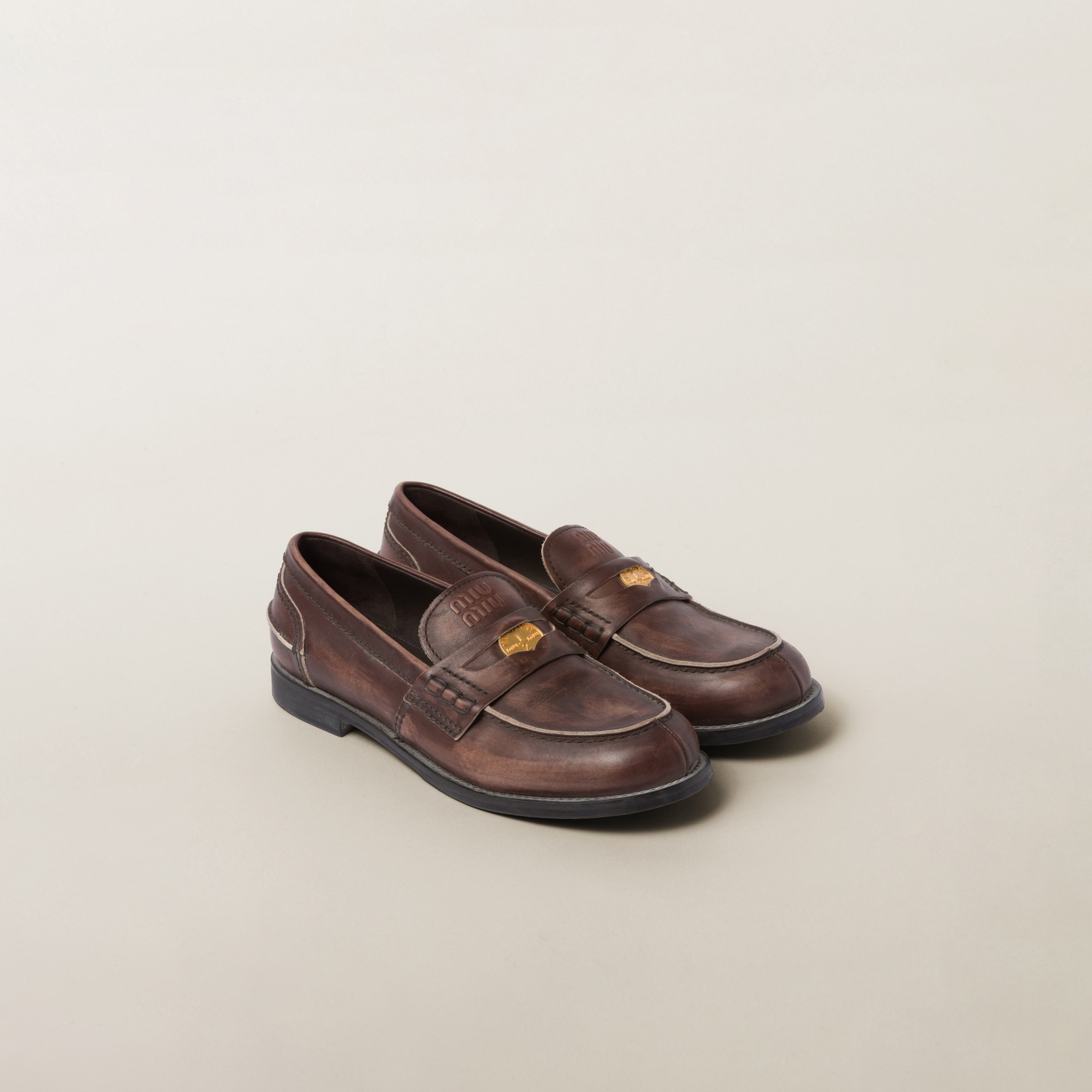 Vintage-Effect Leather Penny Loafers