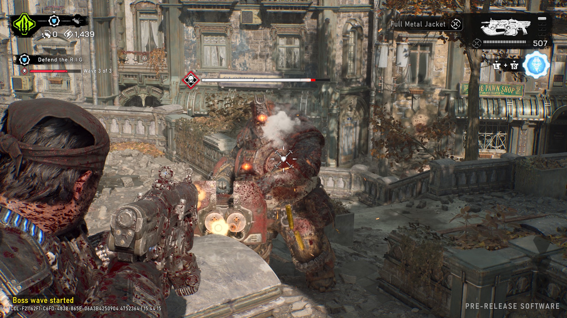 Marcus shoots a boss monster in Gears of War: E-Day's Horde Siege mode