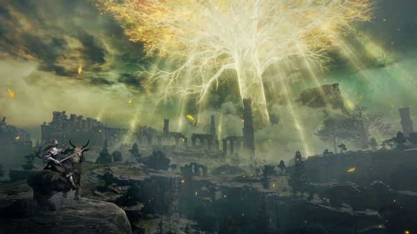 A vast landscape in Elden Ring, the glowing Erdtree standing in the middle.