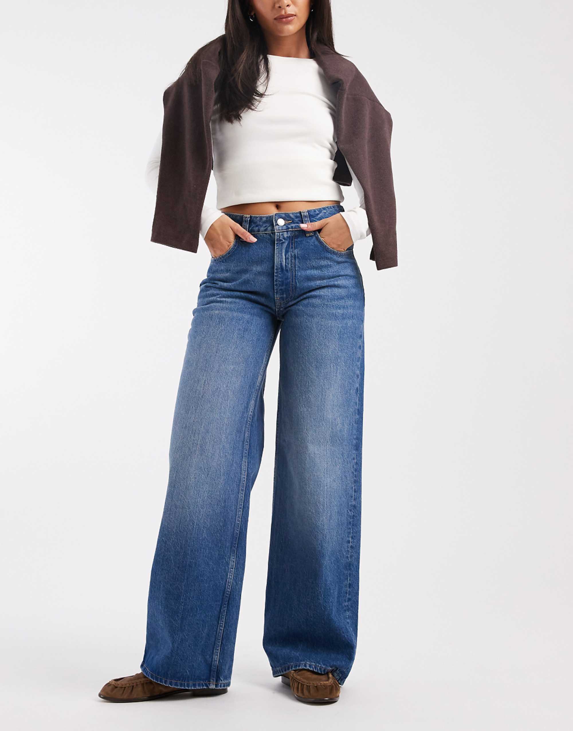 Asos Design Low Rise Wide Leg Jeans in Dark Mid Blue