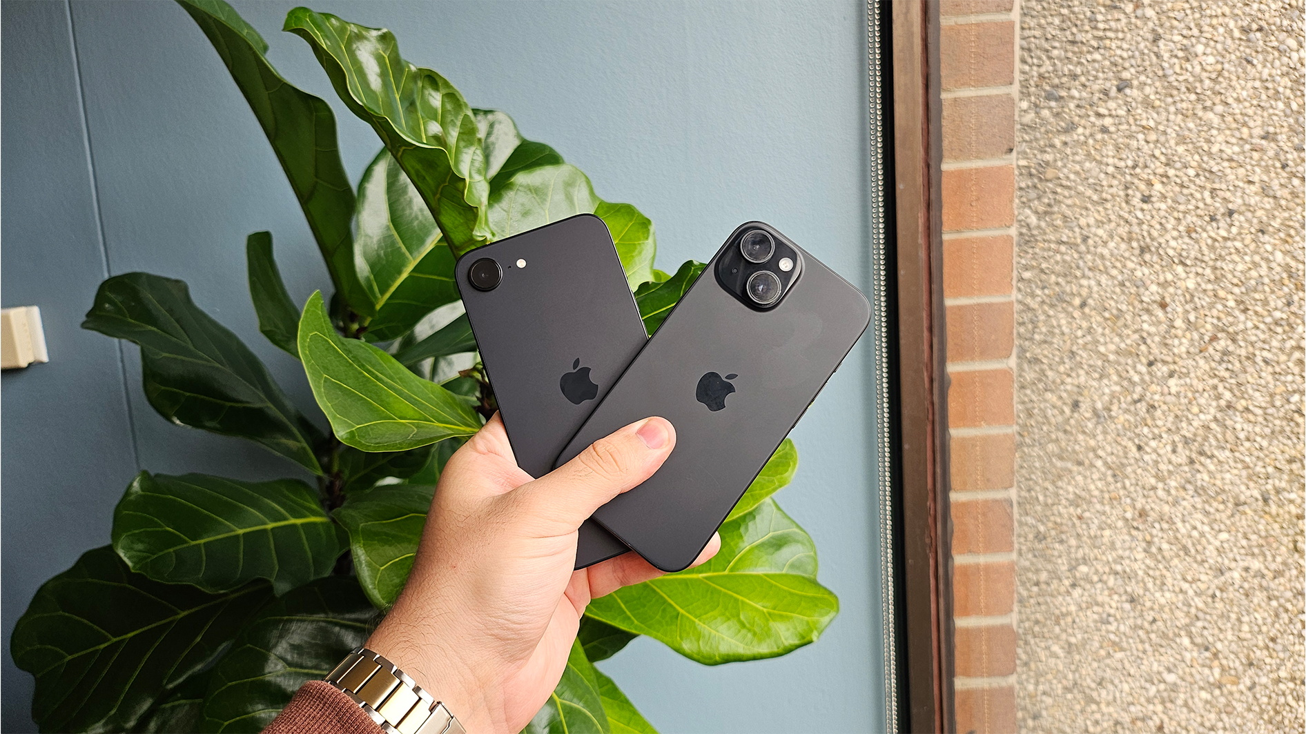 The iPhone 16e and iPhone 15 held together
