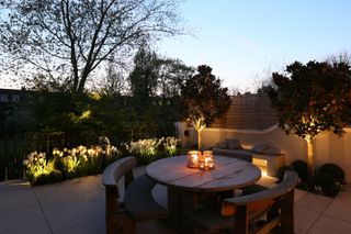 a garden at night time with a pretty lighting scheme