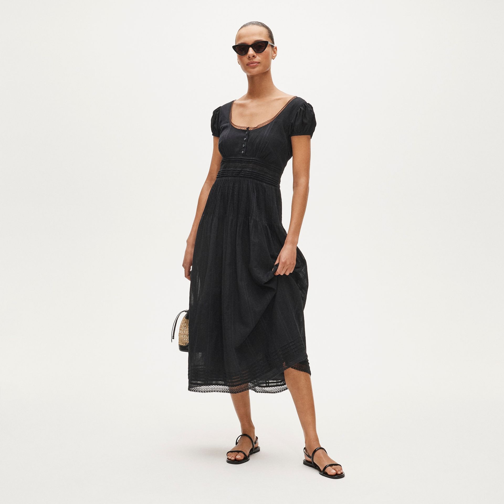 Lace-Trim Pintuck Midi Dress in Cotton Dobby