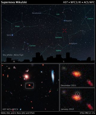 This panel of images reveals a newly discovered exploding star, which has been dubbed Supernova Mikulski, in the faraway galaxy in which it resides. One of the panels also shows its location in the night sky over Baltimore, Md.