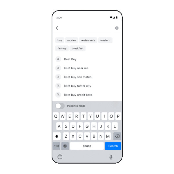Helpful keywords will appear as you type in the Google app