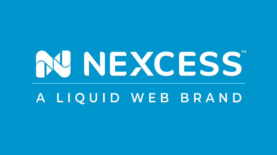 Nexcess logo in white on a blue background