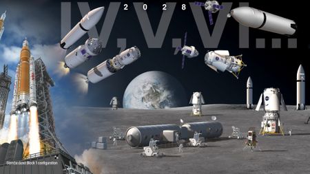 a rocket launches on the left while many spacecraft occupy the lunar surface and space on the right.
