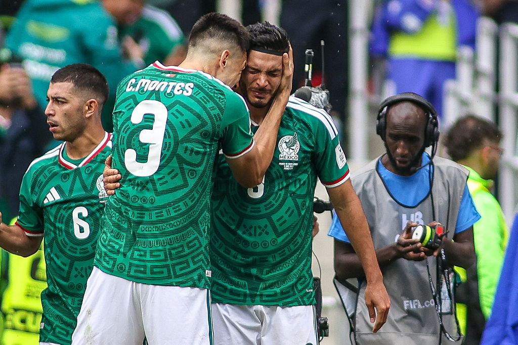 Raul Jimenez celebrates Mexico's second goal against South Africa