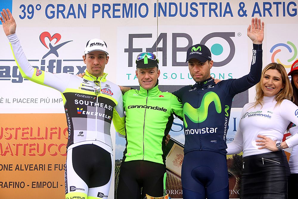 Andrea Fedi, Simon Clarke and Giovanni Visconti on the podium