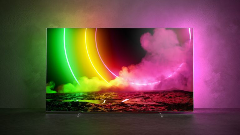 Philips OLED 806 with lights showing off Ambilight feature