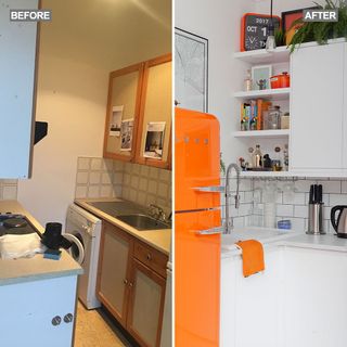 kitchen makeover with white cabinets and drawer and orange refrigerator