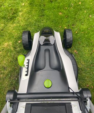mowing a lawn with the Gtech CLM50 cordless lawn mower