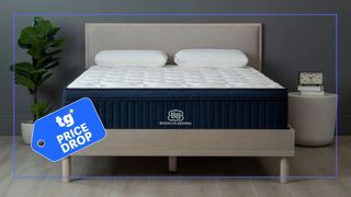 The image shows a dark blue mattress with a white cover, placed on a wooden bedframe inside a neutrally decorated bedroom. Overlaid on top is a blue 'Tom's Guide Price Drop' deals badge