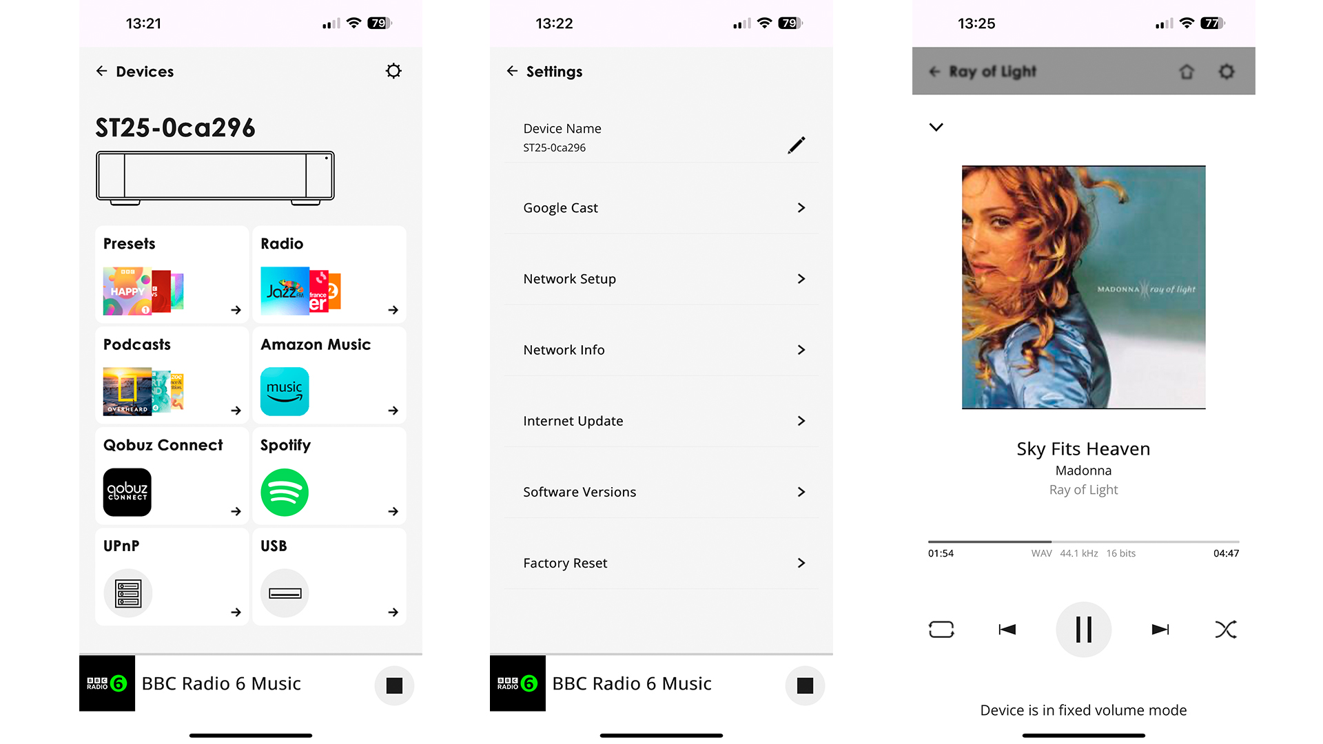 Arcam ST25 music streamer app on three smartphone screens