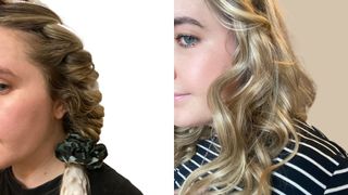 composite of our writer with dressing gown curls and the results after wearing them