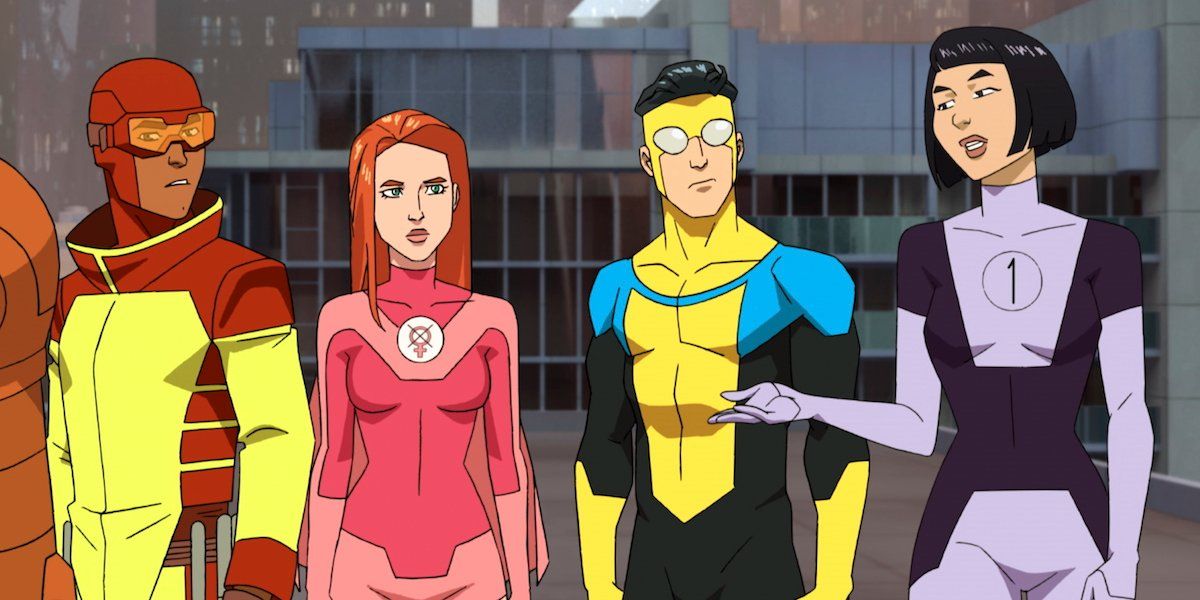 invincible, atom eve, dupli-kate and rex splode in costume in amazon&#039;s invincible