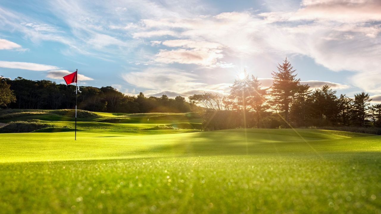 A flag blowing in the wind on a golf course