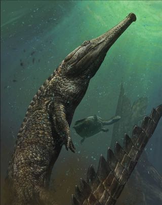 an illustration of a monster-size crocodile ancestor discovered in Tunisia.
