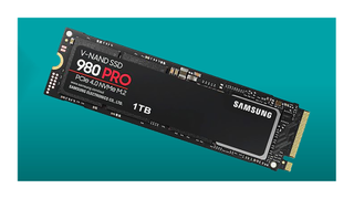 Samsung 980 Pro SSD in front of a green background. 