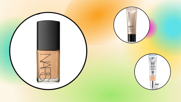 a collage image showing three of the best foundations for sensitive skin, including picks from NARS, IT Cosmetics and BareMinerals
