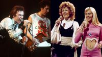 LEFT: Johnny Rotten and guitarist Steve Jones of the punk band 'The Sex Pistols' perform their last concert in Winterland on January 14, 1978 in San Francisco, CA. RIGHT: ABBA perform "Waterloo" on Top of the Pops, May 1974. (from left) Anni-Frid Lyngstad, Bjorn Ulvaeus, Agnetha Faltskog