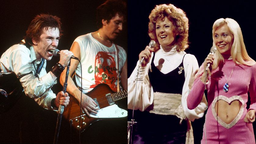 LEFT: Johnny Rotten and guitarist Steve Jones of the punk band 'The Sex Pistols' perform their last concert in Winterland on January 14, 1978 in San Francisco, CA. RIGHT: ABBA perform "Waterloo" on Top of the Pops, May 1974. (from left) Anni-Frid Lyngstad, Bjorn Ulvaeus, Agnetha Faltskog 
