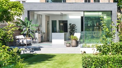 Garden grasses in front of a brick wall with a white wall next to them