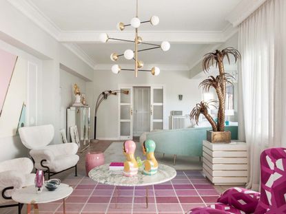 A living room drenched in pastel tones