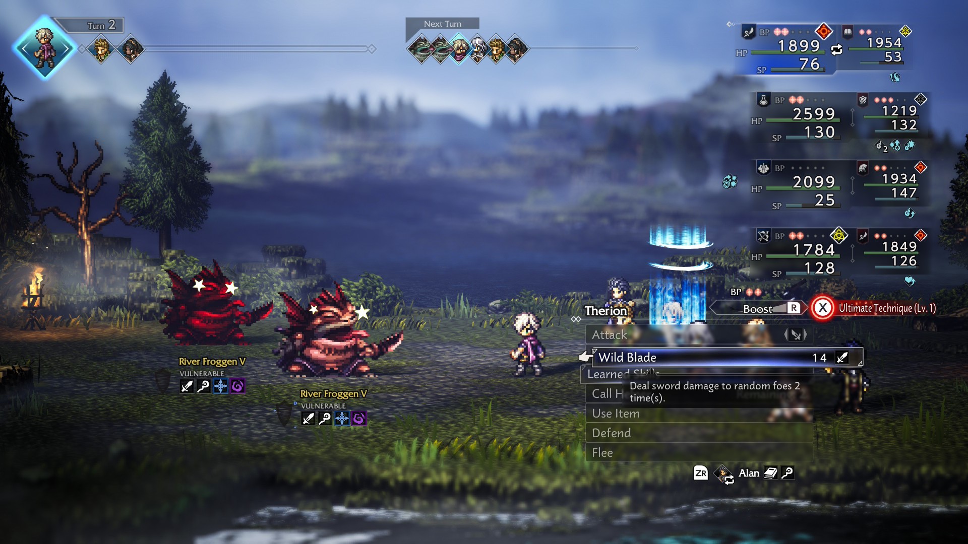 The party fights River Froggen V in Octopath Traveler 0, led by Therion