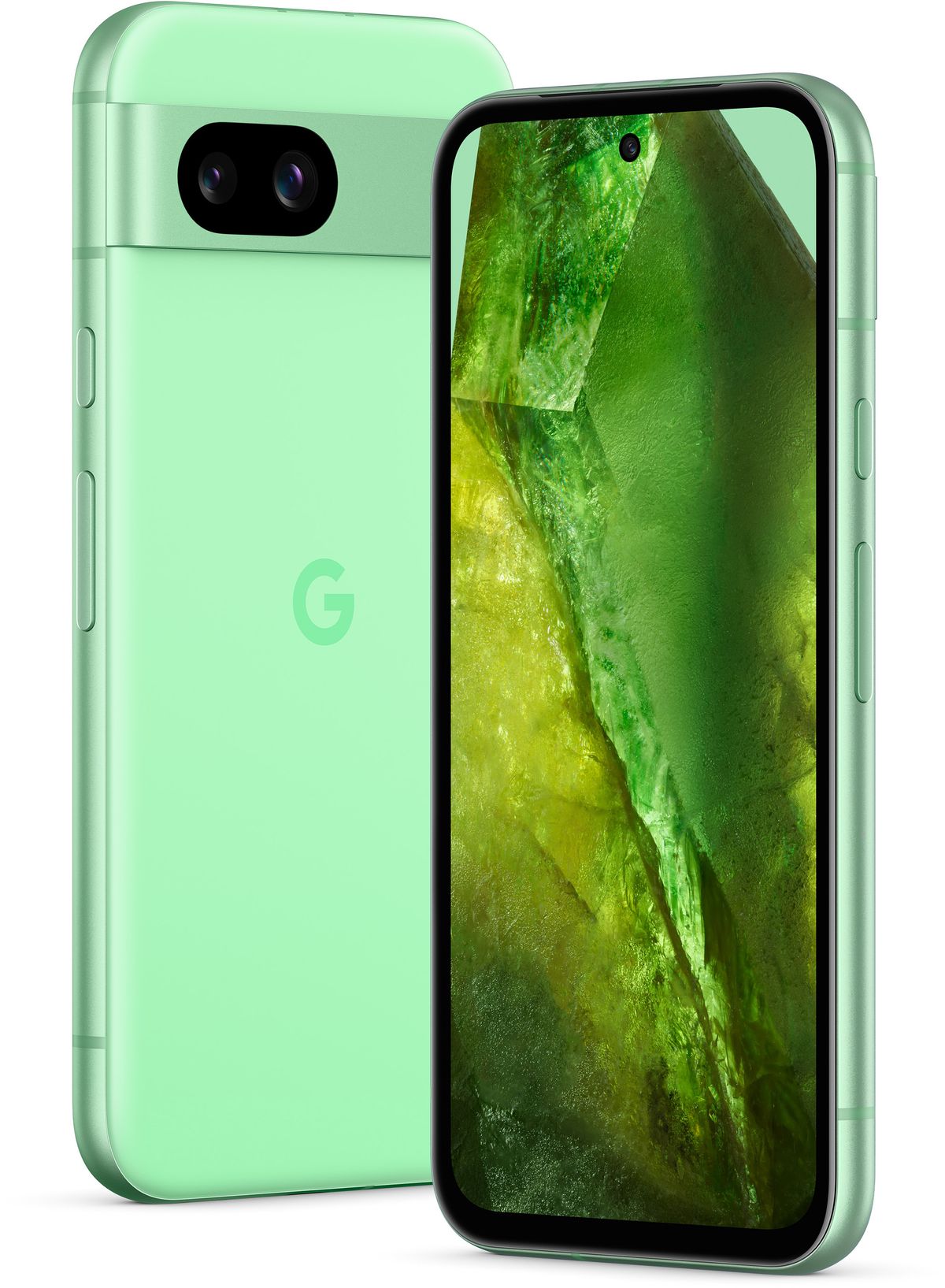 An official product render of the front and back of the Aloe Google Pixel 8a