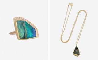 left image showing a gold ring with an opal n the shape of a triangle with diamonds along the longer edge; right image showing a gold necklace with a darker triangular shaped opal