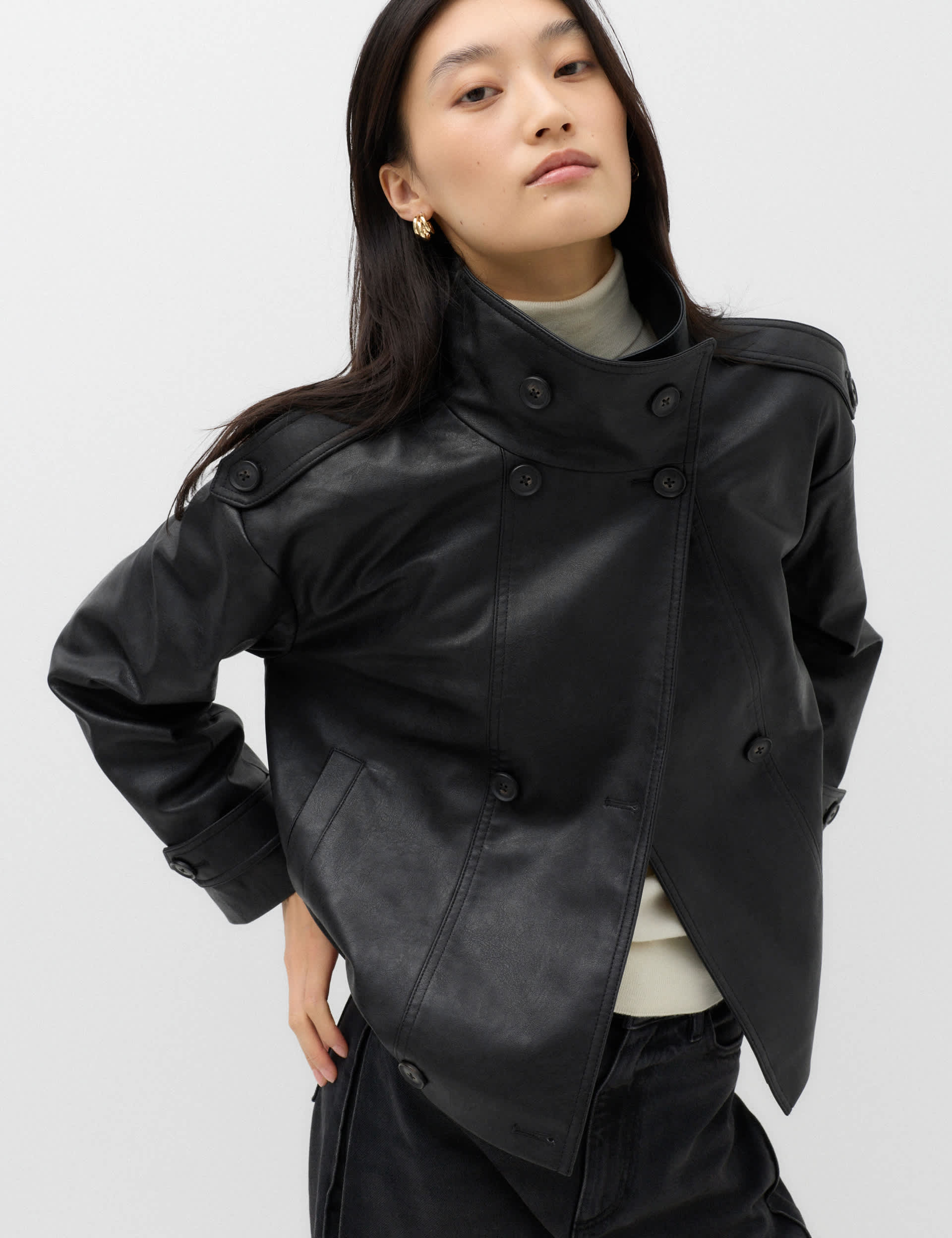 Faux Leather Funnel Neck Biker Jacket