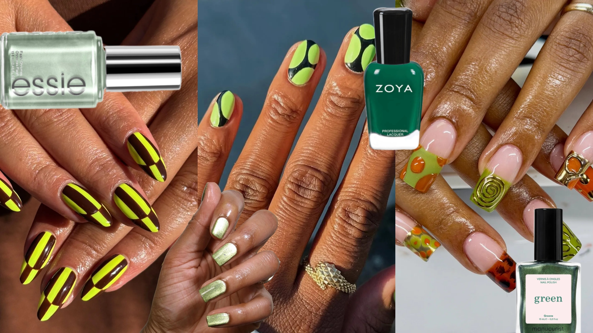 collage of green nails with green nail polish