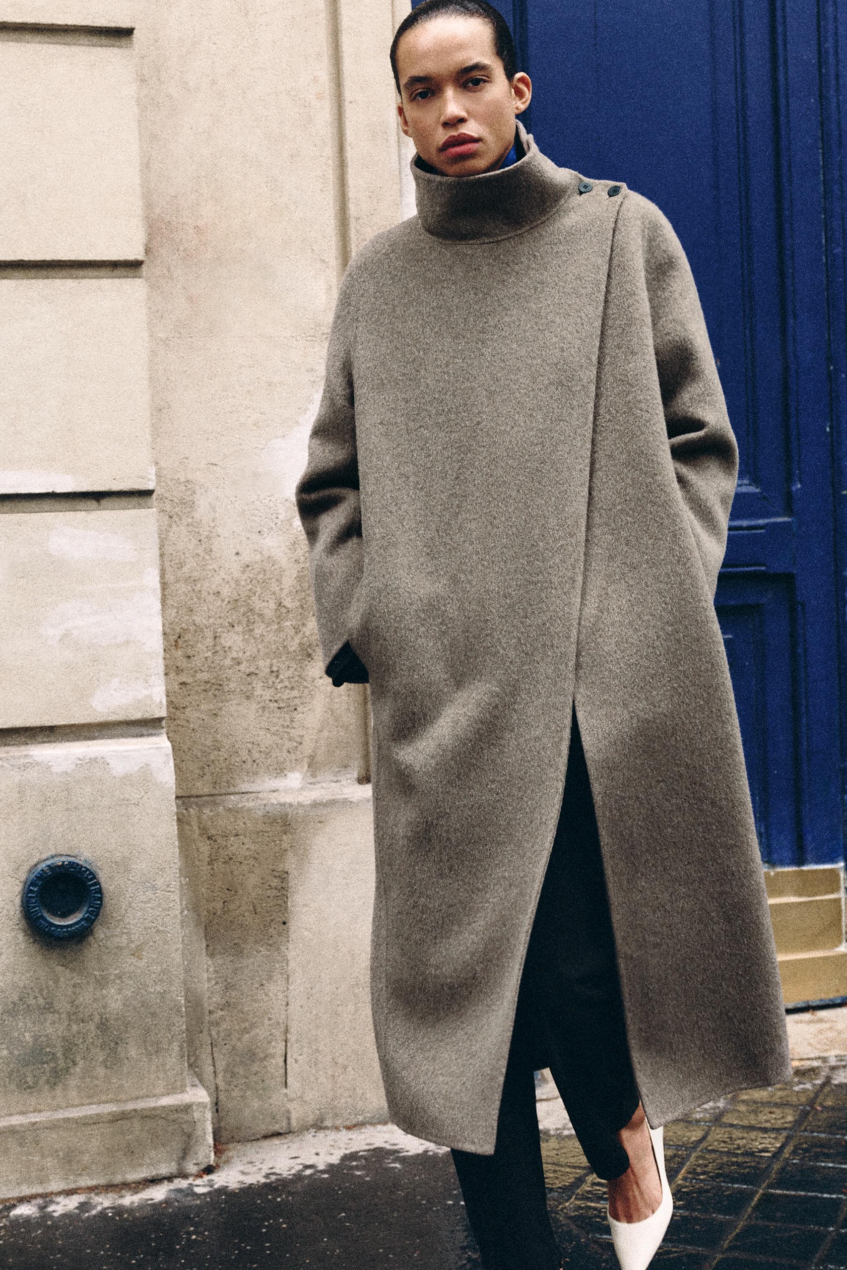 Zw Collection Long Wool Blend Coat - Grey Marl - Xs
