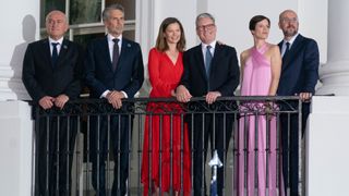 Prime Minister of Bulgaria Dimitar Glavchev, Prime Minister of the Netherlands Dick Schoof, Victoria Starmer, British Prime Minister Sir Keir Starmer, Amelie Derbaudrenghien and Prime Minister of Belgium Charles Michel, watch a ceremony on the South Lawn of The White House to mark the 75th anniversary of NATO