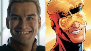 Antony Starr grinning eerily in The Boys, pictured next to Booster Gold wearing his own cocky grin, side by side.