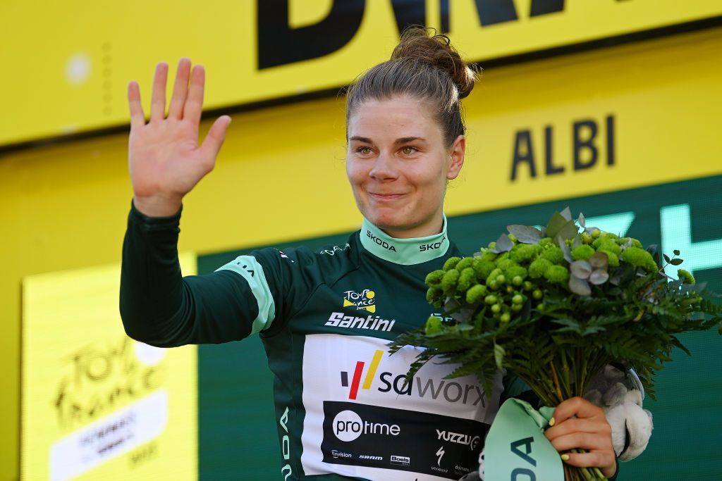 ALBI FRANCE JULY 27 Lotte Kopecky of Belgium and Team SD Worx Protime celebrates at podium as Green Points Jersey winner during the 2nd Tour de France Femmes 2023 Stage 5 a 1261km stage from OnetleChteau to Albi 572m UCIWWT on July 27 2023 in Albi France Photo by Tim de WaeleGetty Images