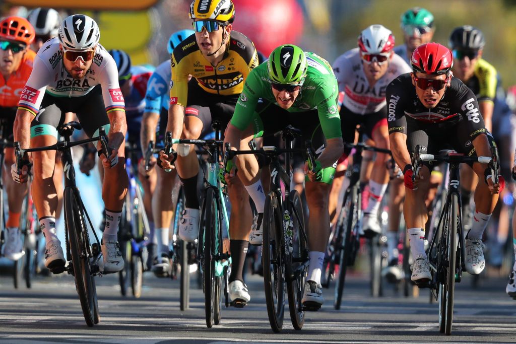Stage winner Team Lotto rider Australias Caleb Ewan 1stR crosses the finish line at the end of the 11th stage of the 107th edition of the Tour de France cycling race 167 km between Chatelaillon Plage and Poitiers on September 9 2020 Photo by Thibault Camus POOL AFP Photo by THIBAULT CAMUSPOOLAFP via Getty Images