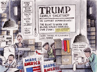 Political cartoon U.S. Ivanka Trump sweatshop Made in America manufacturing