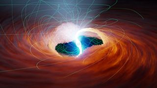 A glowing neutron star swirls against a fiery orange background with whips of megnetic field spinning out