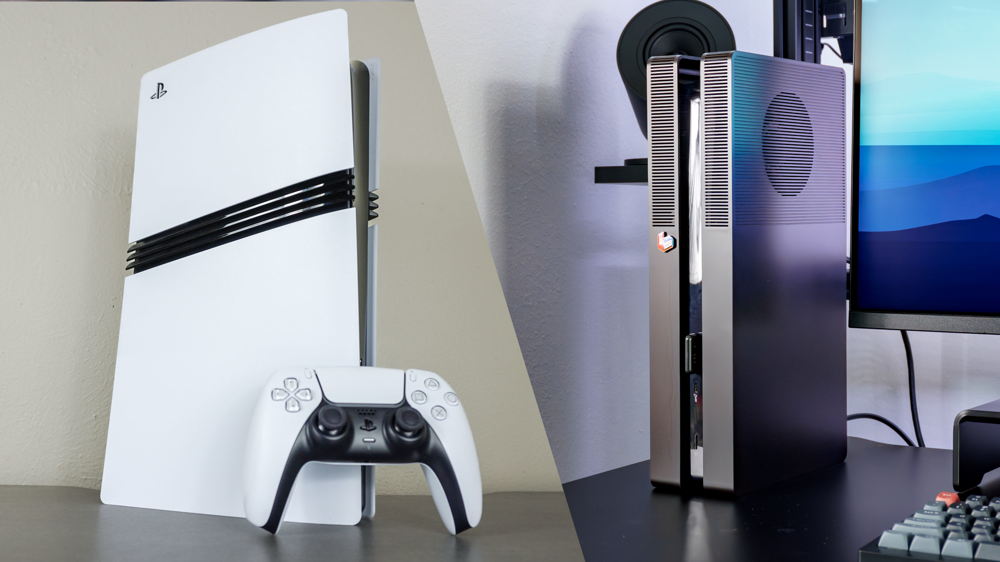 A side by side shot showing a stock PS5 Pro on the left and a PS5 Pro outfitted with BoxPlates console covers on the right