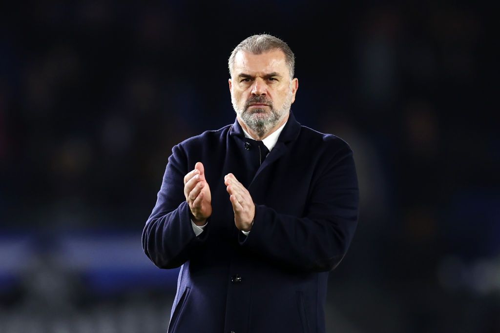 Ange Postecoglou, Manager of Tottenham Hotspur, applauds the fans after defeat to Brighton &amp; Hove Albion during the Premier League match between Brighton &amp; Hove Albion and Tottenham Hotspur at American Express Community Stadium on December 28, 2023 in Brighton, England. (Photo by Bryn Lennon/Getty Images)