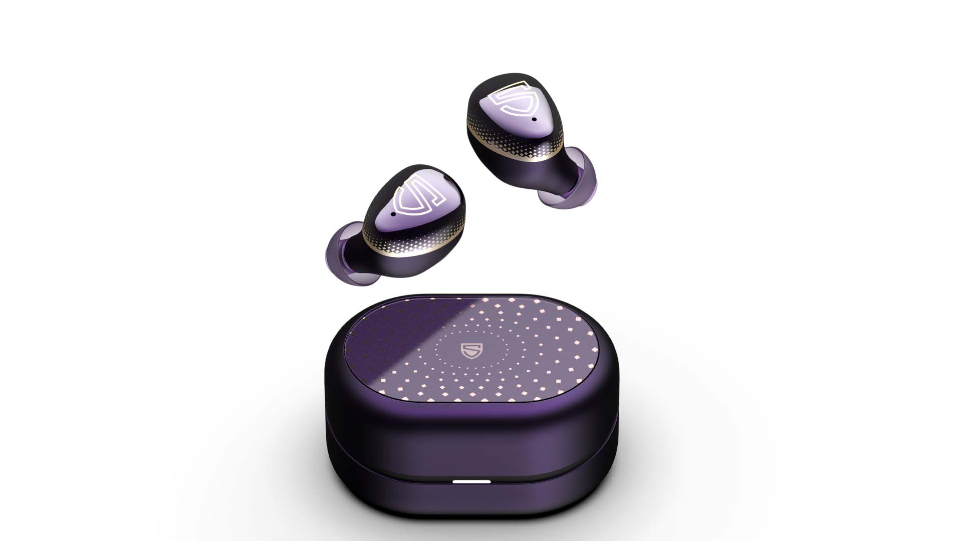 Soundpeats Aura Nebula earbuds and case on a white background