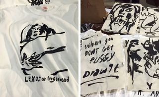 T-shirts and squid ink drawings in the booth of Alex Becerra
