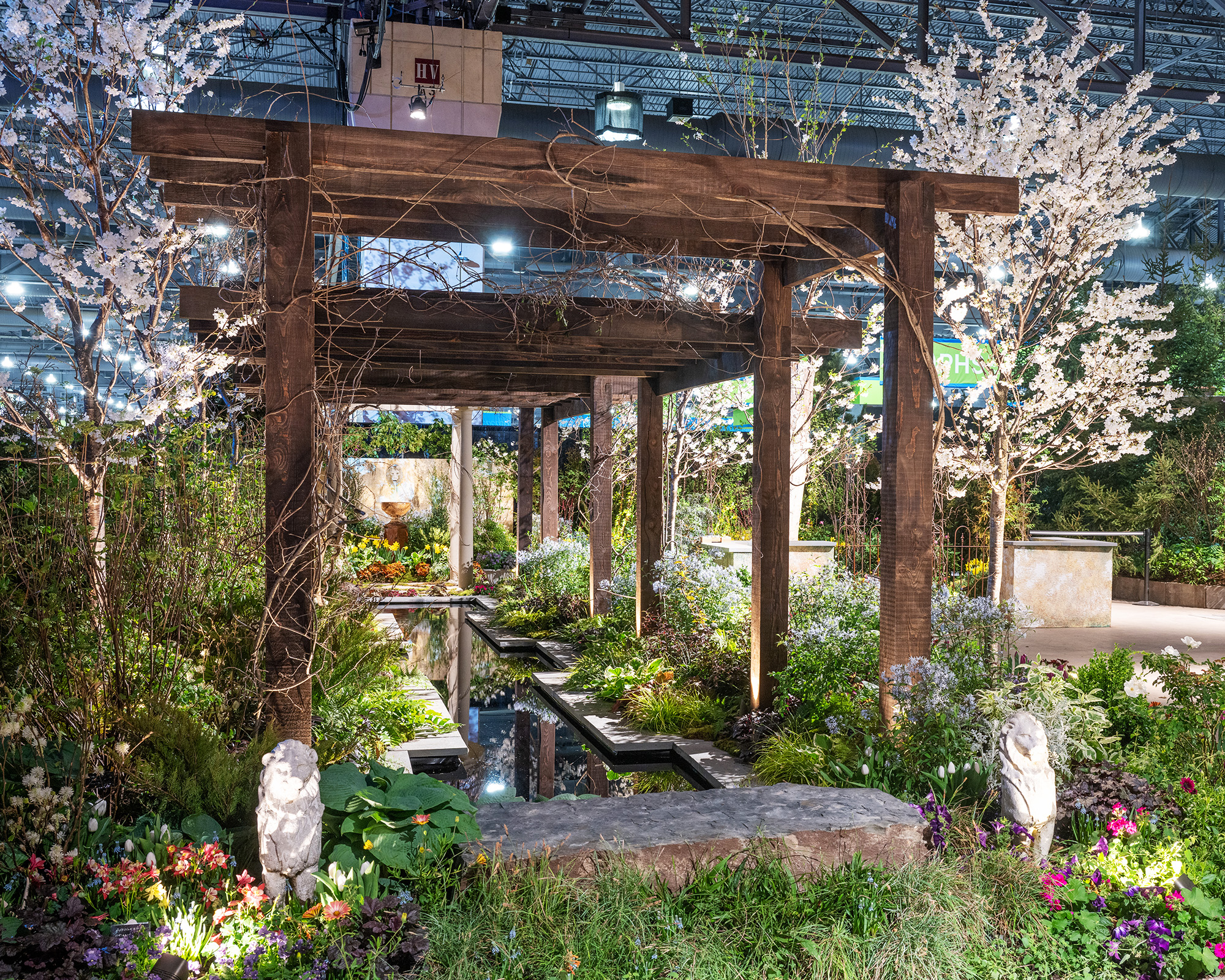 Irwin Landscaping and Prairie Wind Lost Garden pergola water feature at Philadelphia Flower Show