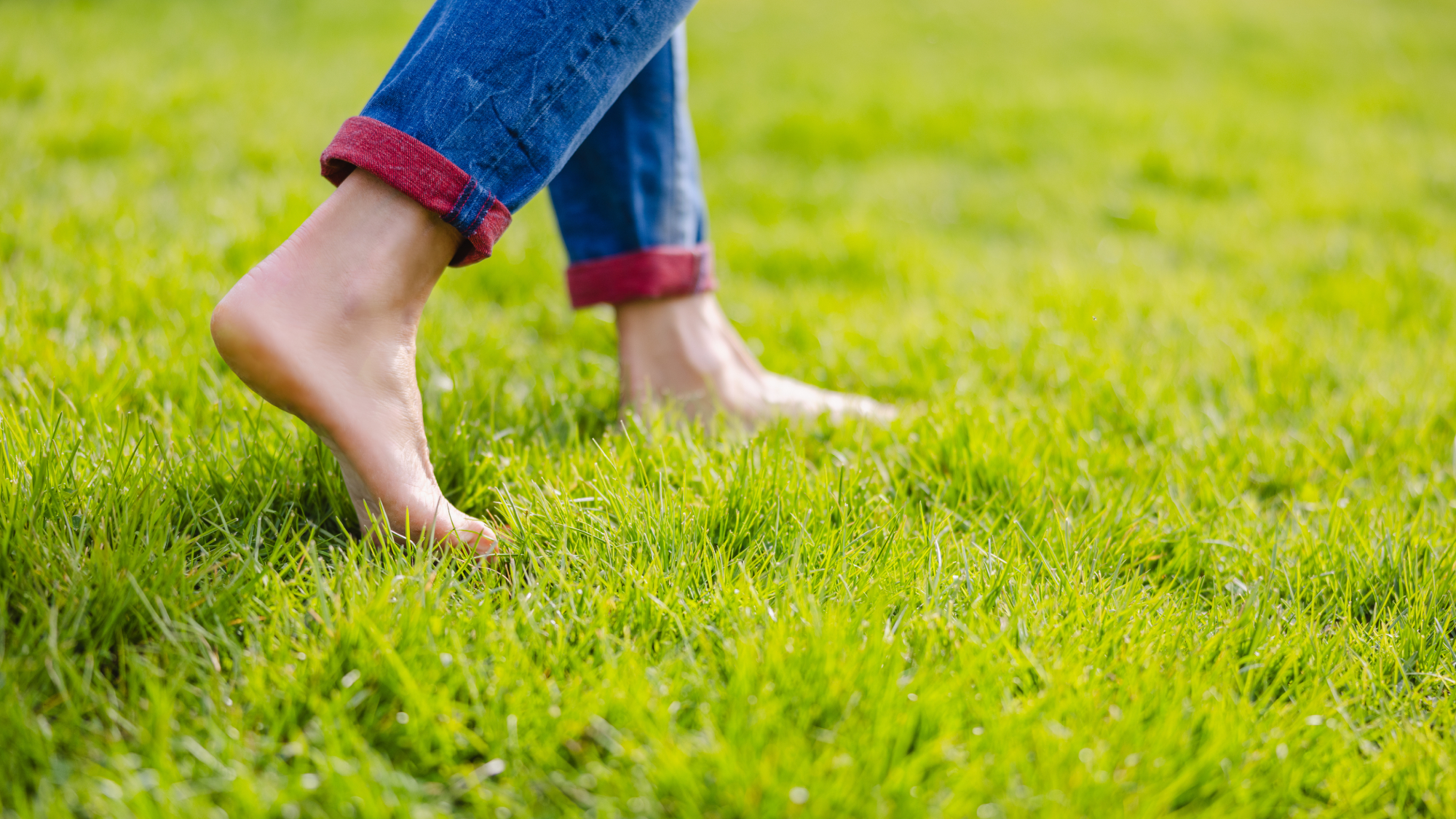Bare feet walking on grass lawn