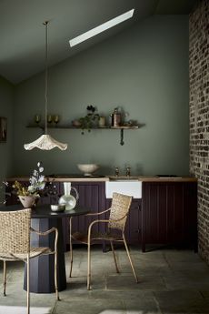 a kitchen in green and burgundy colors