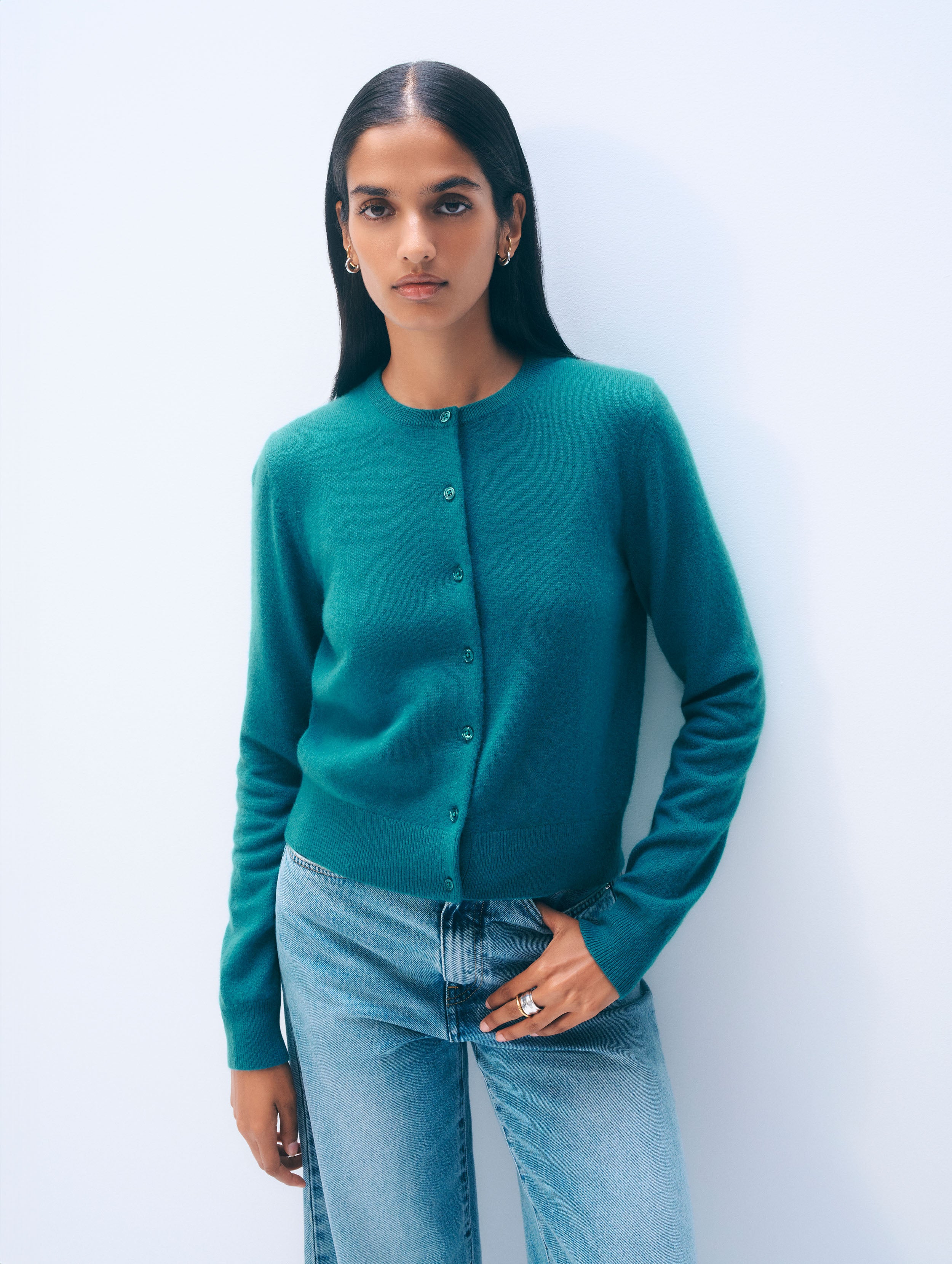Cashmere Crewneck Cardigan | Deepwater Teal