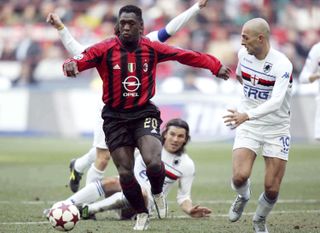 AC Milan's Clarence Seedorf emerges with the ball in a Serie A clash with Sampdoria in 2005.