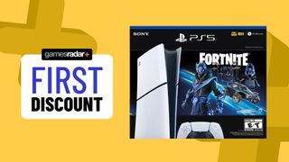 Fortnite PS5 Slim bundle on a yellow background with first discount badge